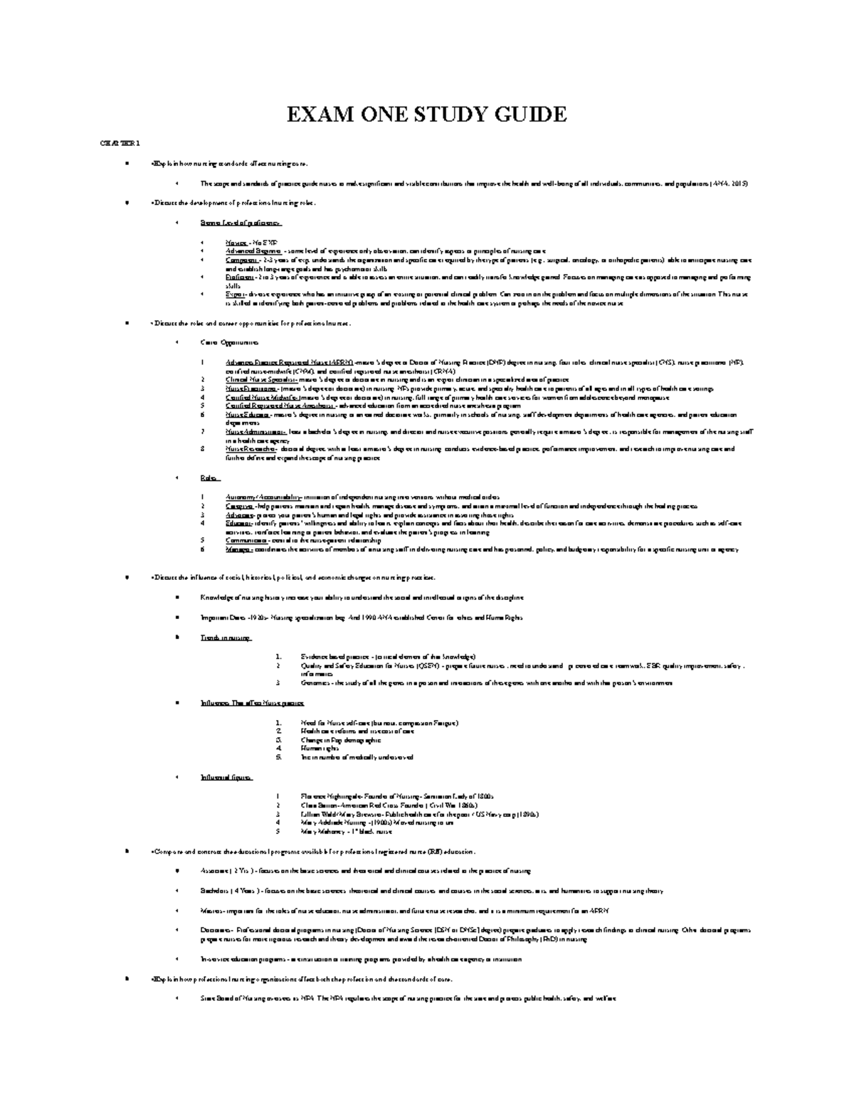 EXAM ONE STUDY GUIDE (NURSING): Nursing Standards & Professional Roles ...