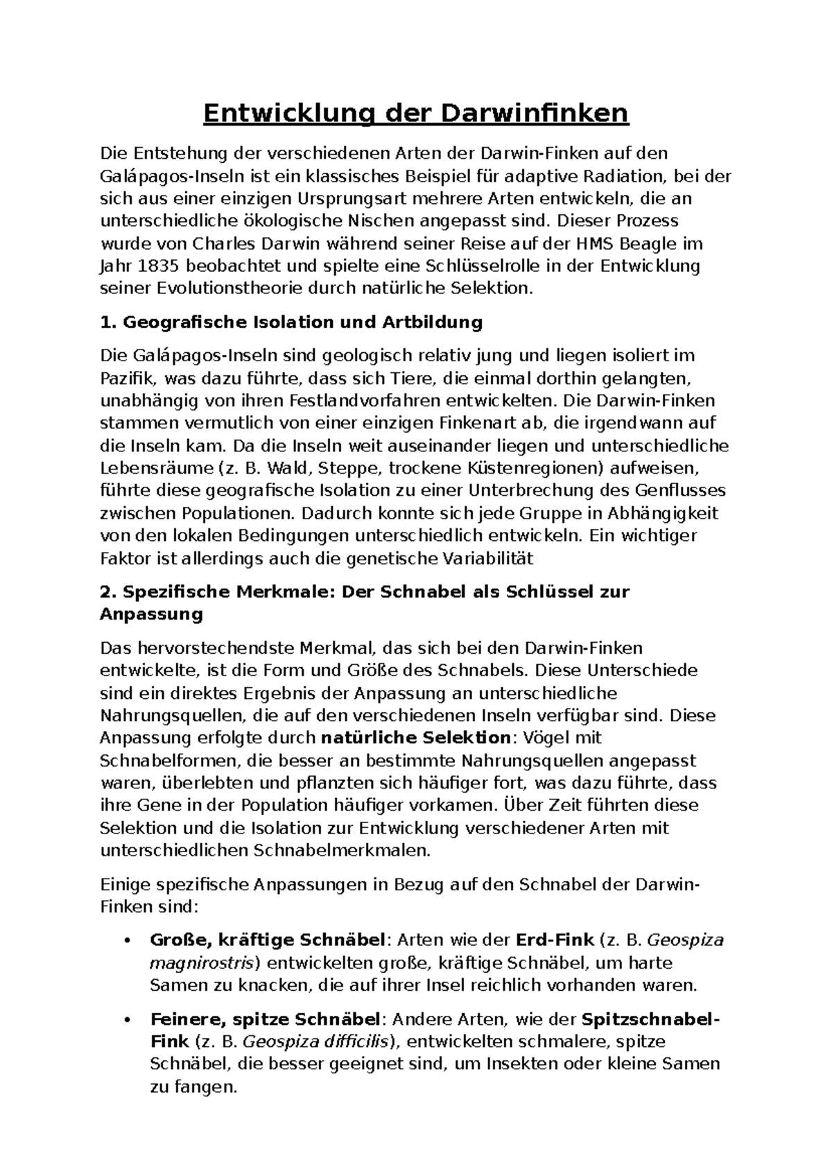 Entwicklung der Darwinfinken: Adaptive Radiation und Artbildung - Studocu