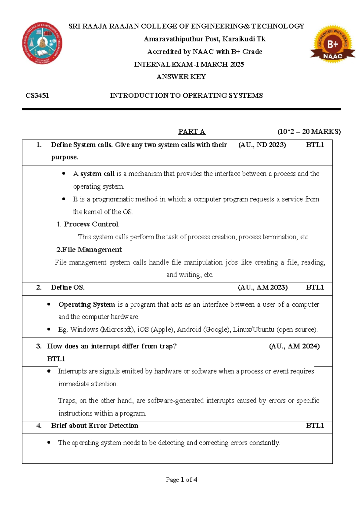CS3451 Internal Exam March 2025 Answer Key - Introduction to OS - Studocu