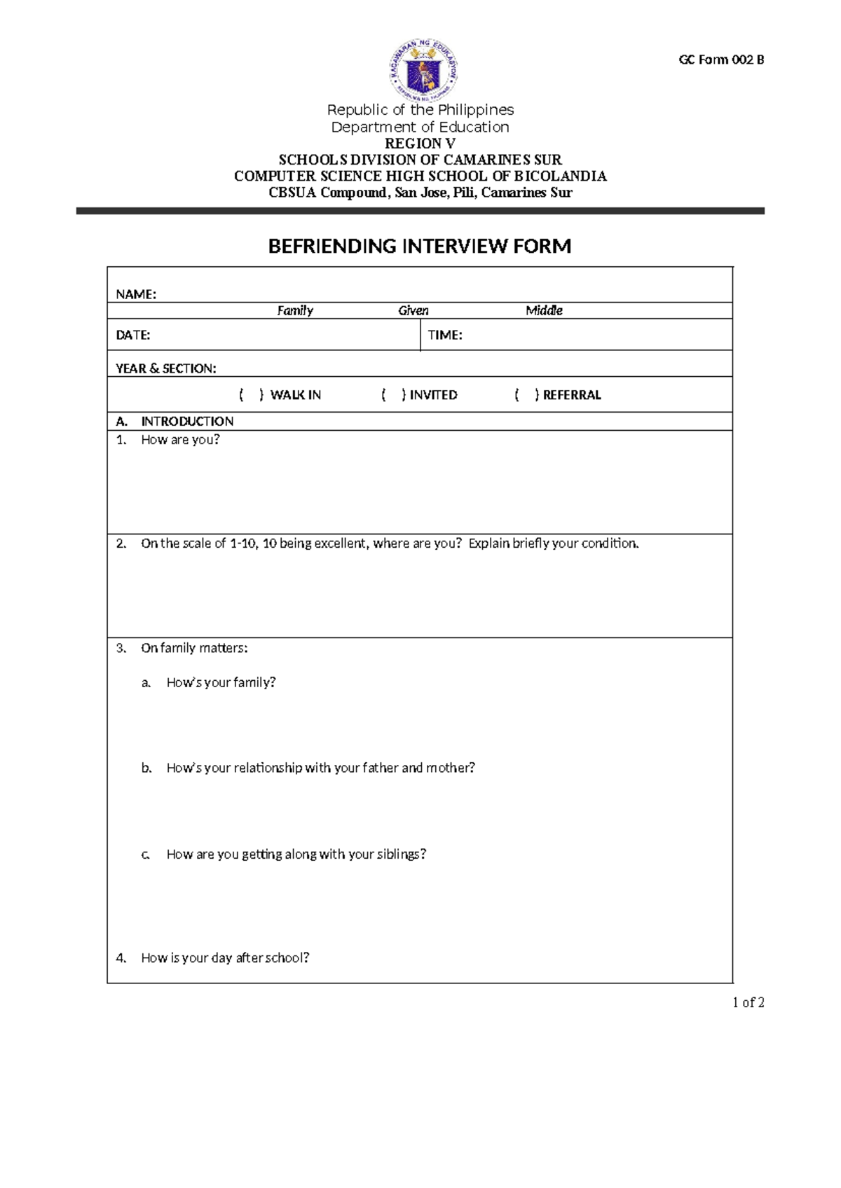 GC FORM 002 B Befriending Interview FORM - GC Form 002 B Republic of ...