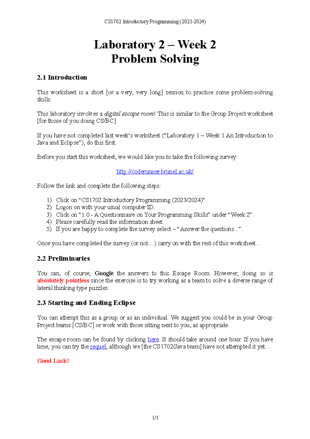 CS1702 Worksheet 2 - Intro to Problem Solving Lab (2023-2024) - Studocu