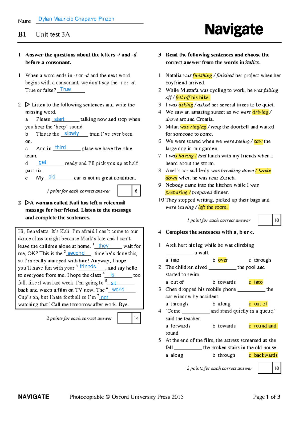 B1 Unit Test 3A Answers and Solutions - Studocu