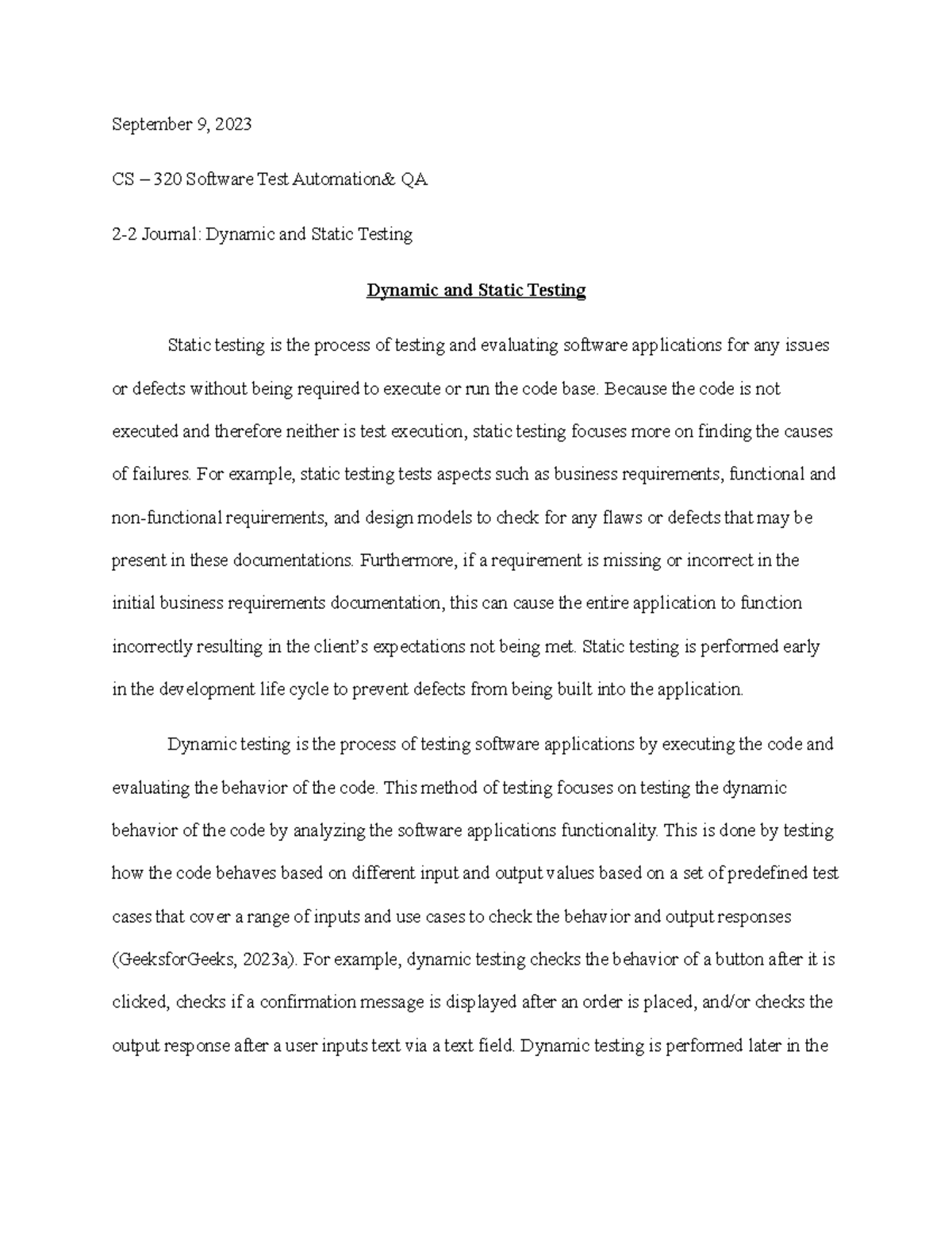 CS-320 Module Two Journal: Understanding Dynamic vs Static Testing ...