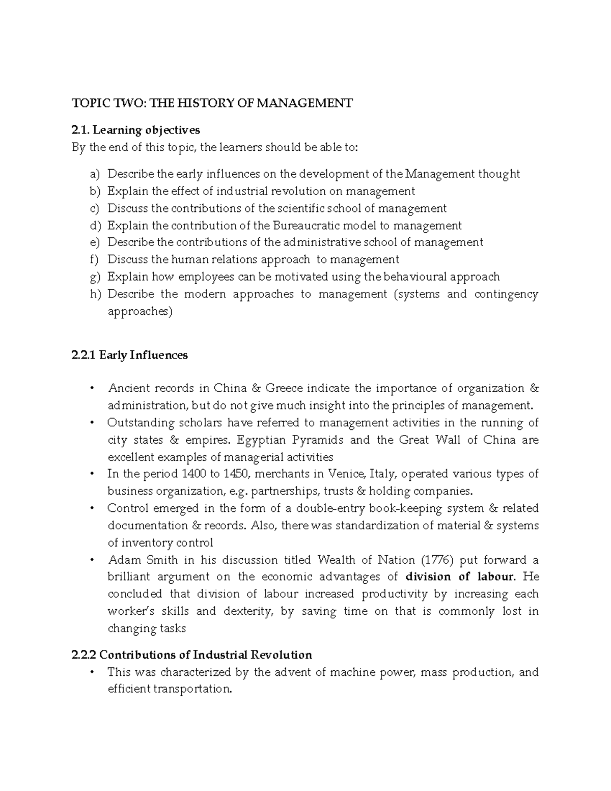 BMGT 1101 Topic Two - Lecture Notes on Management History - Studocu