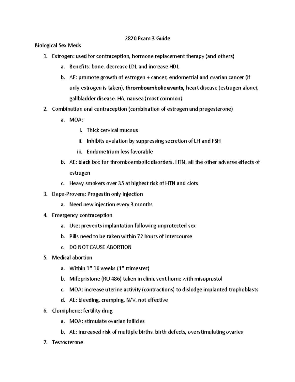 Study Exam 3 Guide - 2820 Exam 3 Guide Biological Sex Meds Estrogen ...
