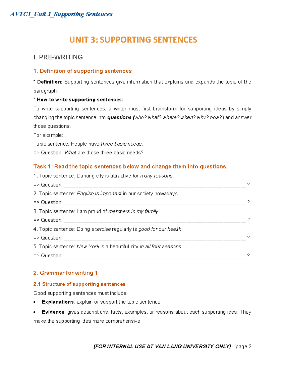 AVTC1 Unit 3 Supporting Sentences Pre-Writing and Grammar Guide - Studocu