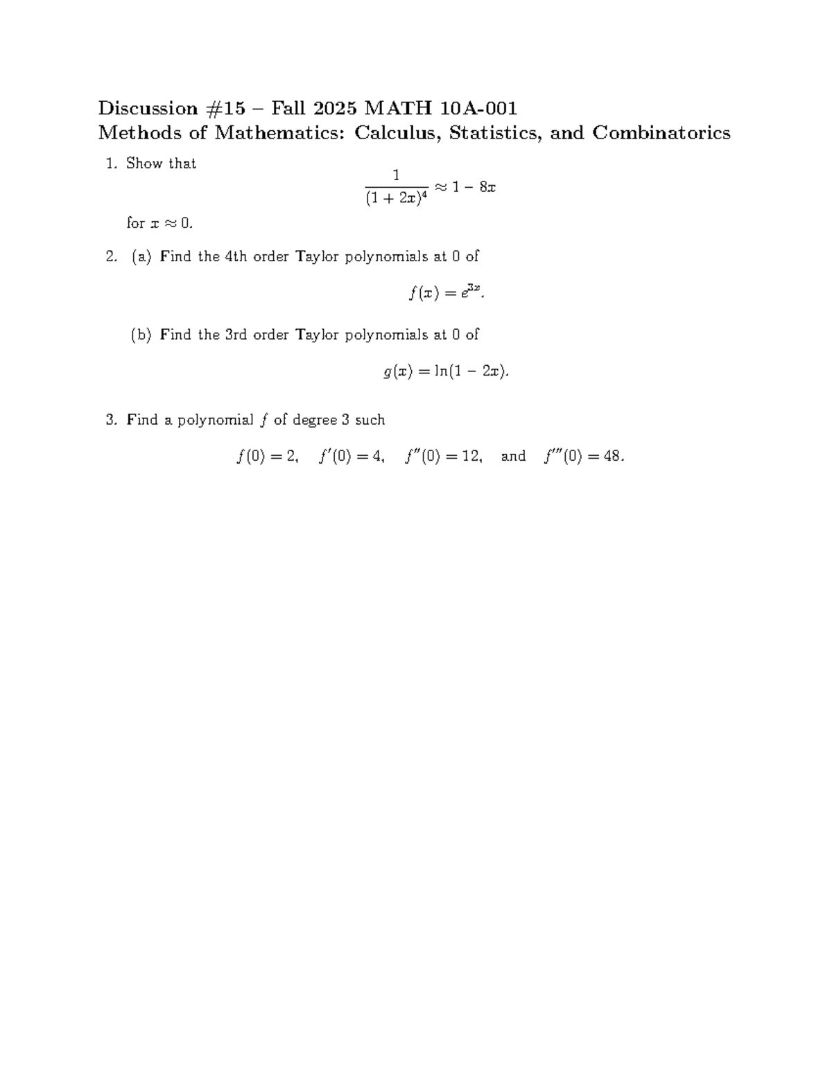 Math 10A - Discussion #15 - MATH 10A - Discussion #15 – Fall 2025 MATH ...