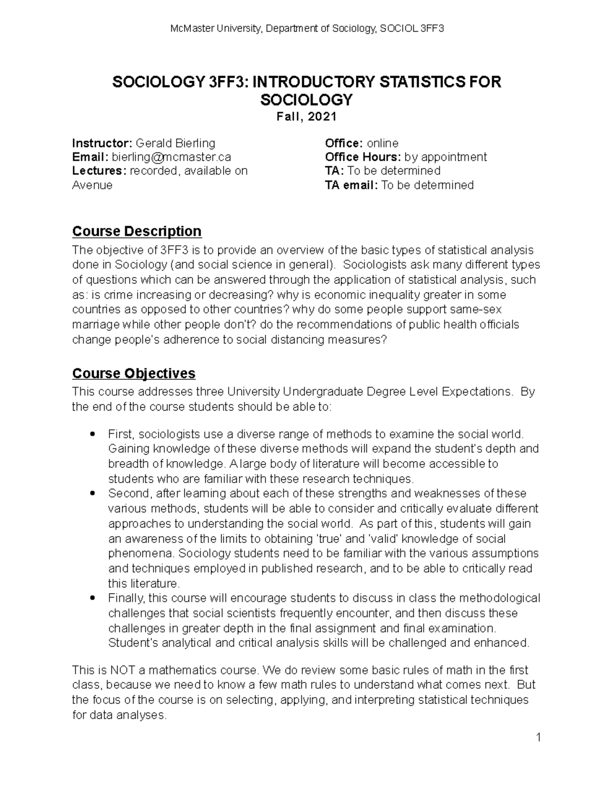 Sociol 3FF3: Introductory Statistics for Sociology, Fall 2021 Guide ...