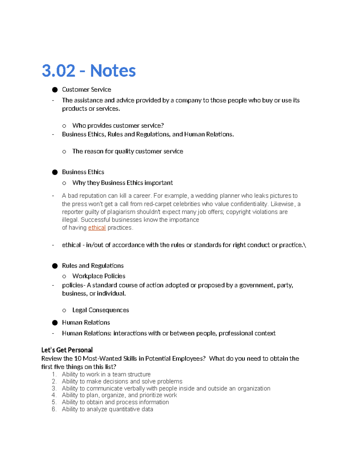 DIT M 3v22 Customer Service and Business Ethics Notes - Studocu