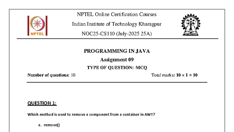 NPTEL IIT Kharagpur: Programming in Java Assignment 09 MCQs - Studocu
