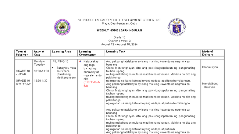 FIL 10-Q1-Week 3: Weekly Home Learning Plan for Grade 10 - Studocu