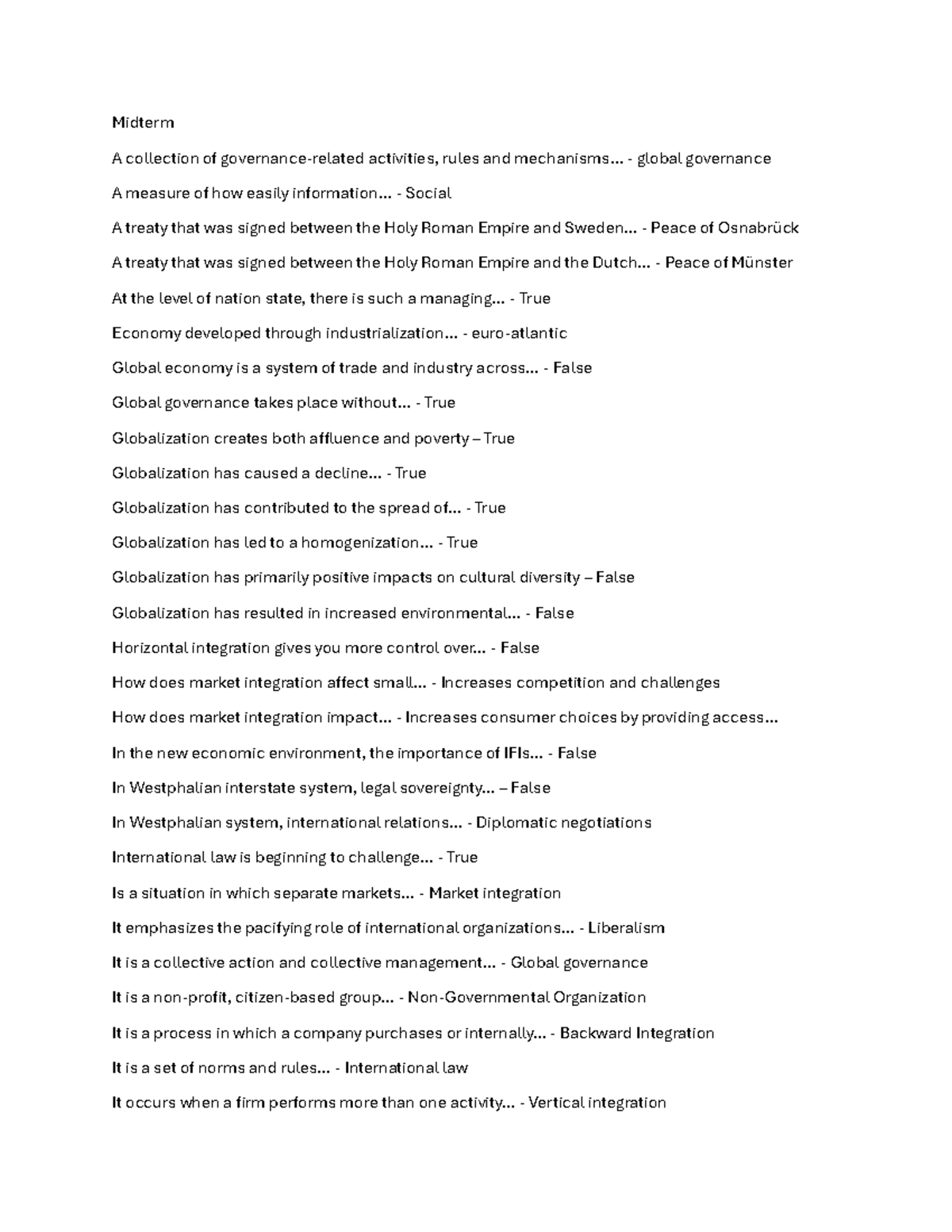 Midterm Exam Key Notes for Global Governance and Market Integration ...