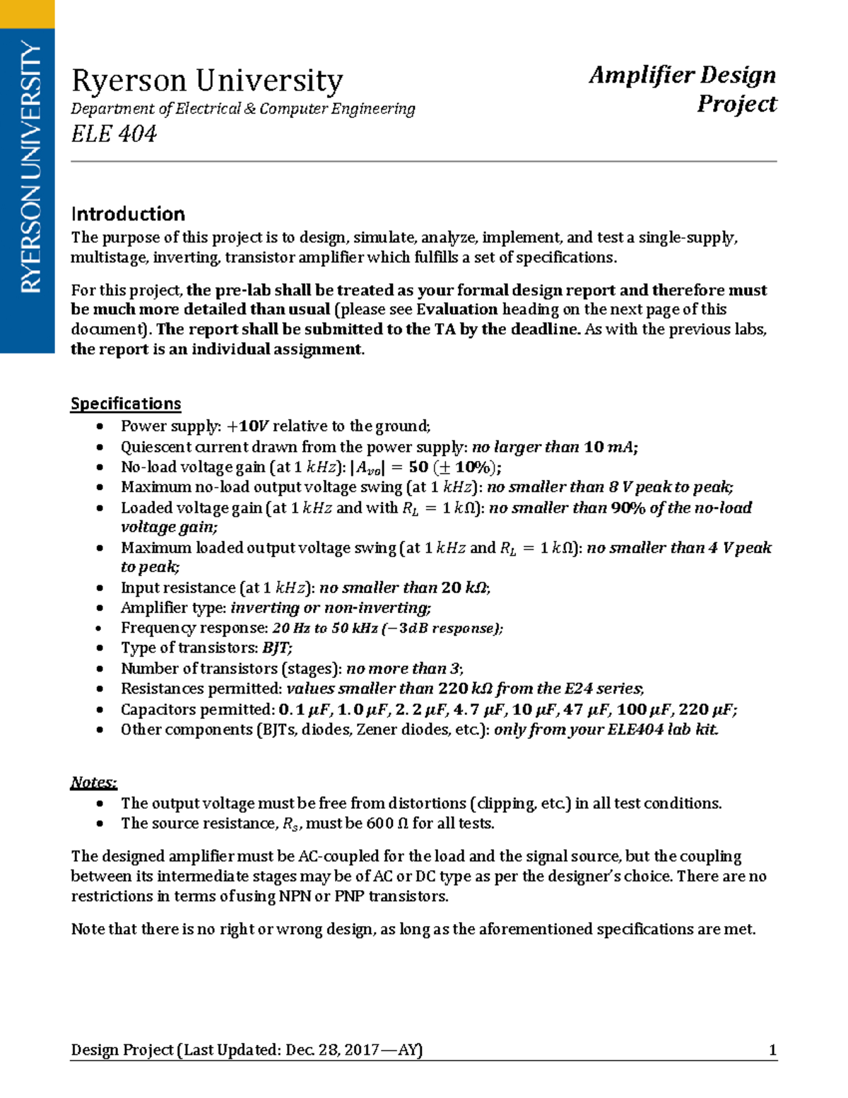 ELE404 Amplifier Design Project - Detailed Notes and Guidelines - Studocu
