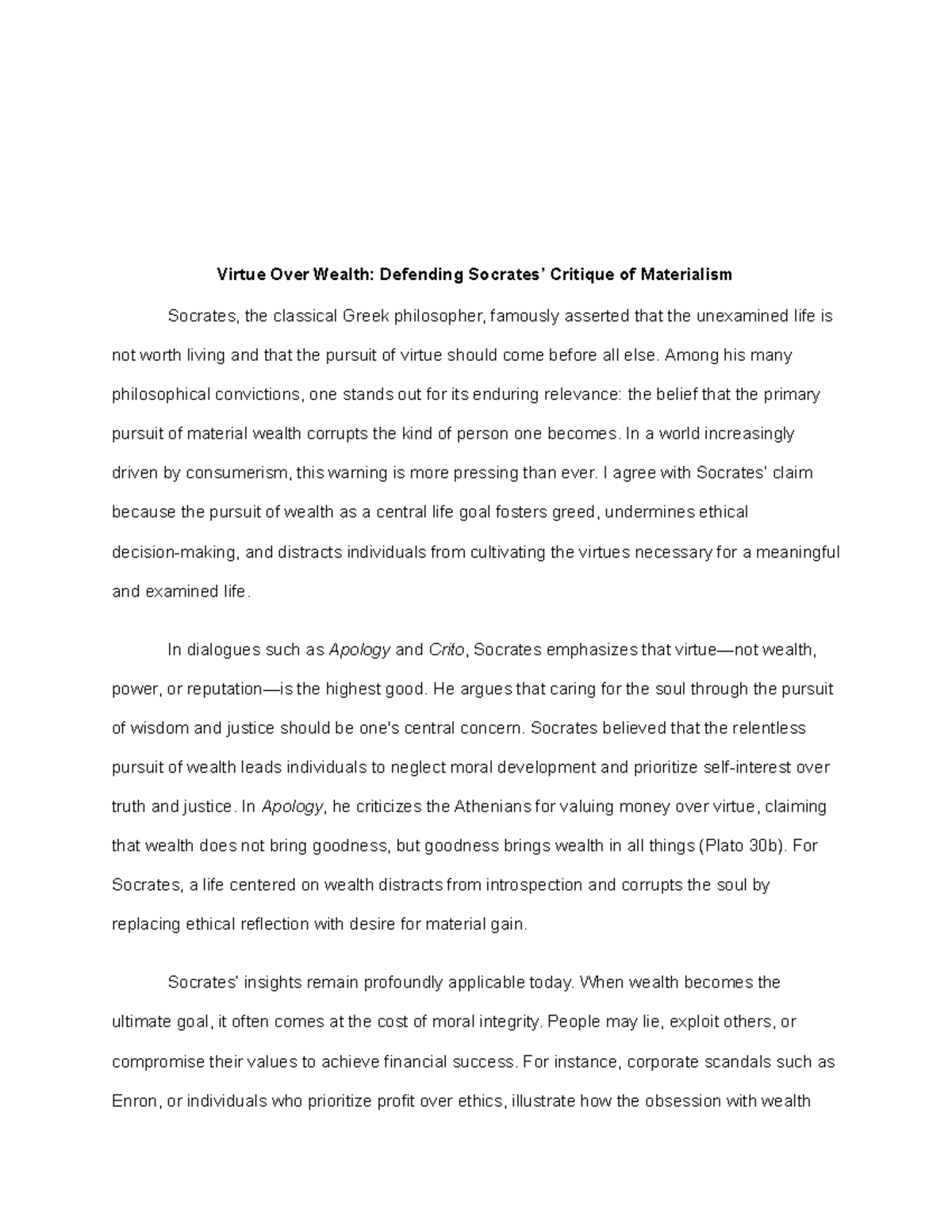 Philosophy CAP Draft: Essay on Virtue vs. Wealth - Studocu
