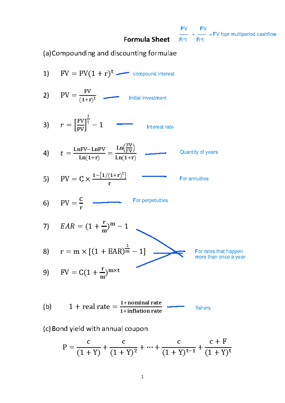Formula Sheet for PV and FV in Multi-Period Cash Flow Analysis - Studocu