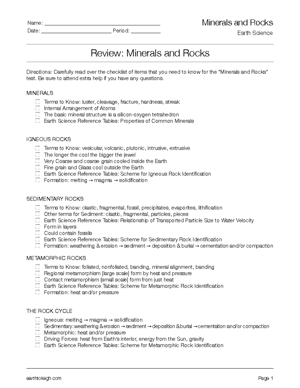 Review - Minerals and Rocks - Directions: Carefully read over the ...