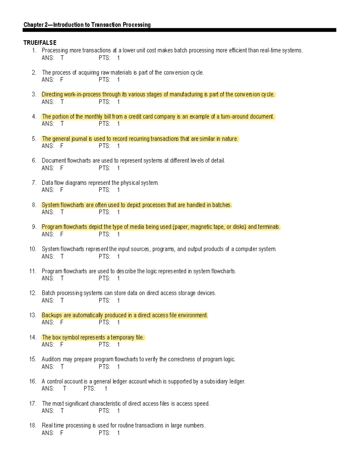 Accounting Information Systems (AIS) Chapter 2 Testbank: Transaction Processing - Document Preview