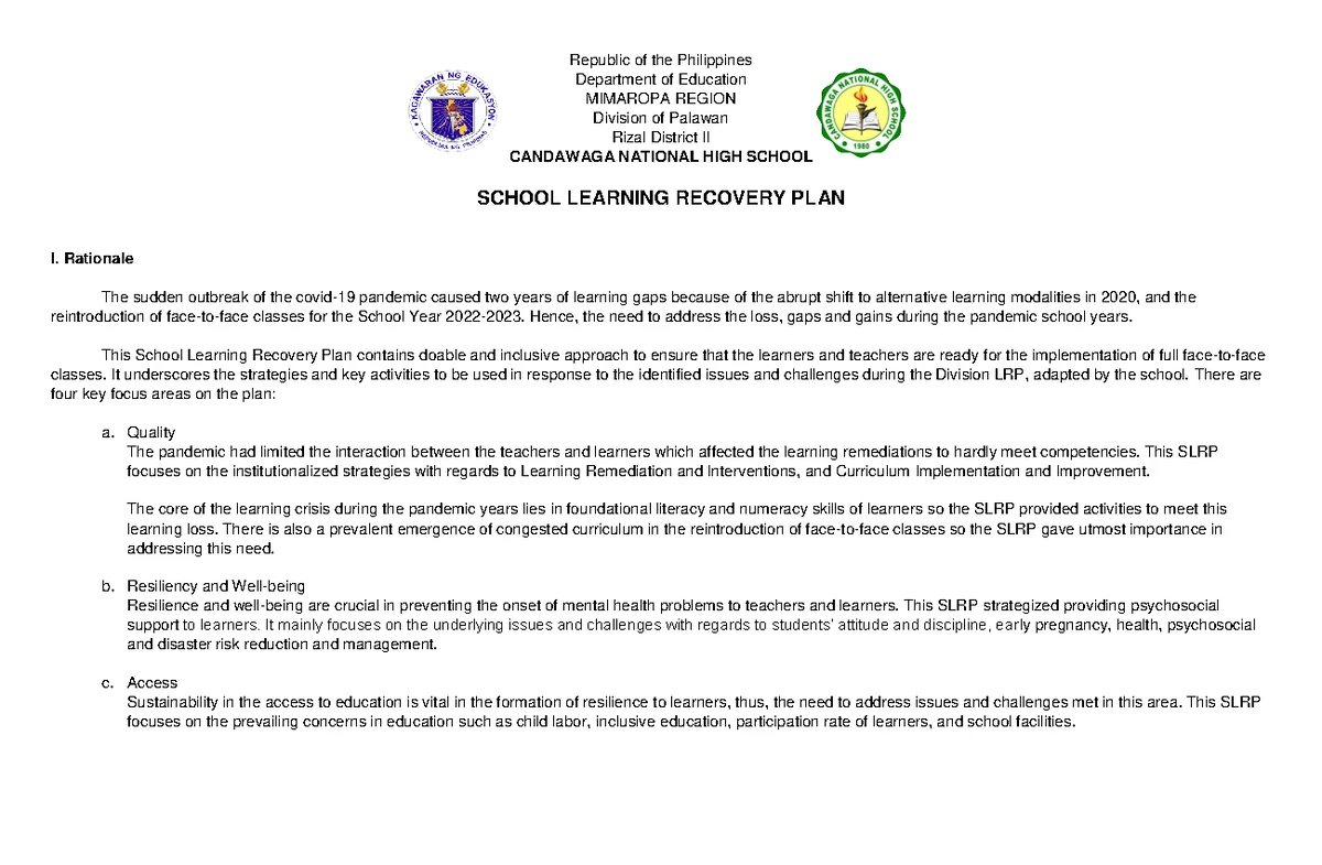 School Improvement Plan for Tigdaranao Elementary (SY 2023-2028) - Studocu