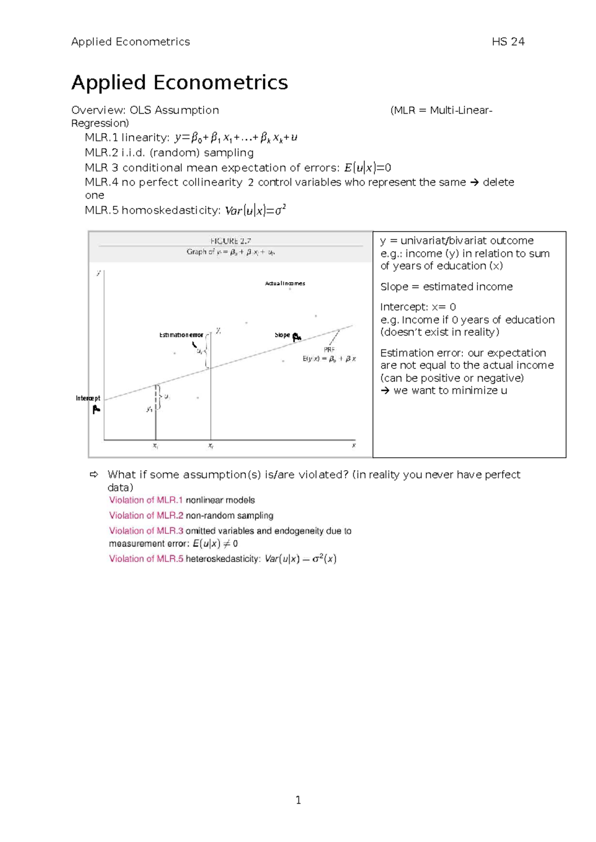 Applied Econometrics HS 24: OLS Assumptions and Model Specifications ...