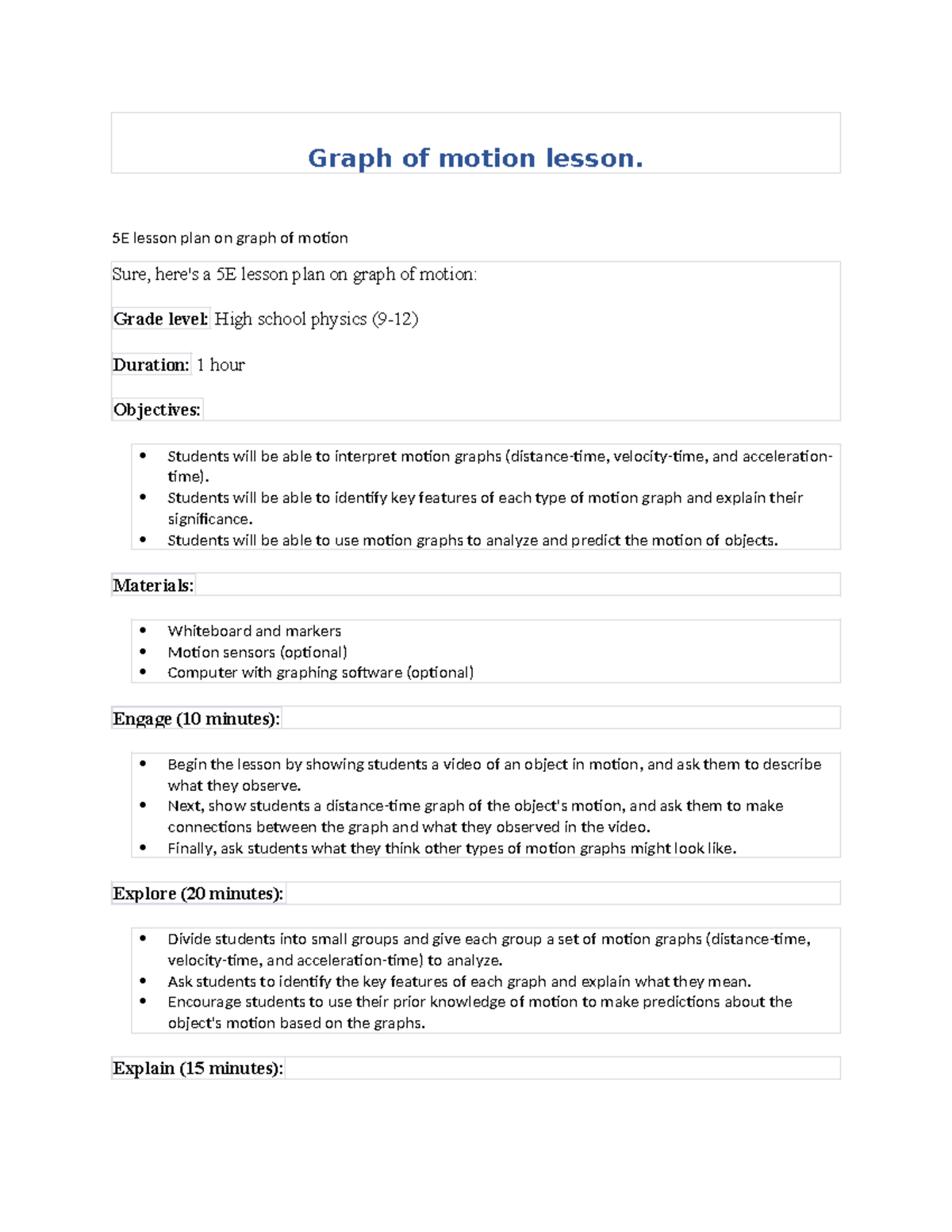 5E Lesson Plan: Graph of Motion for High School Physics - Studocu