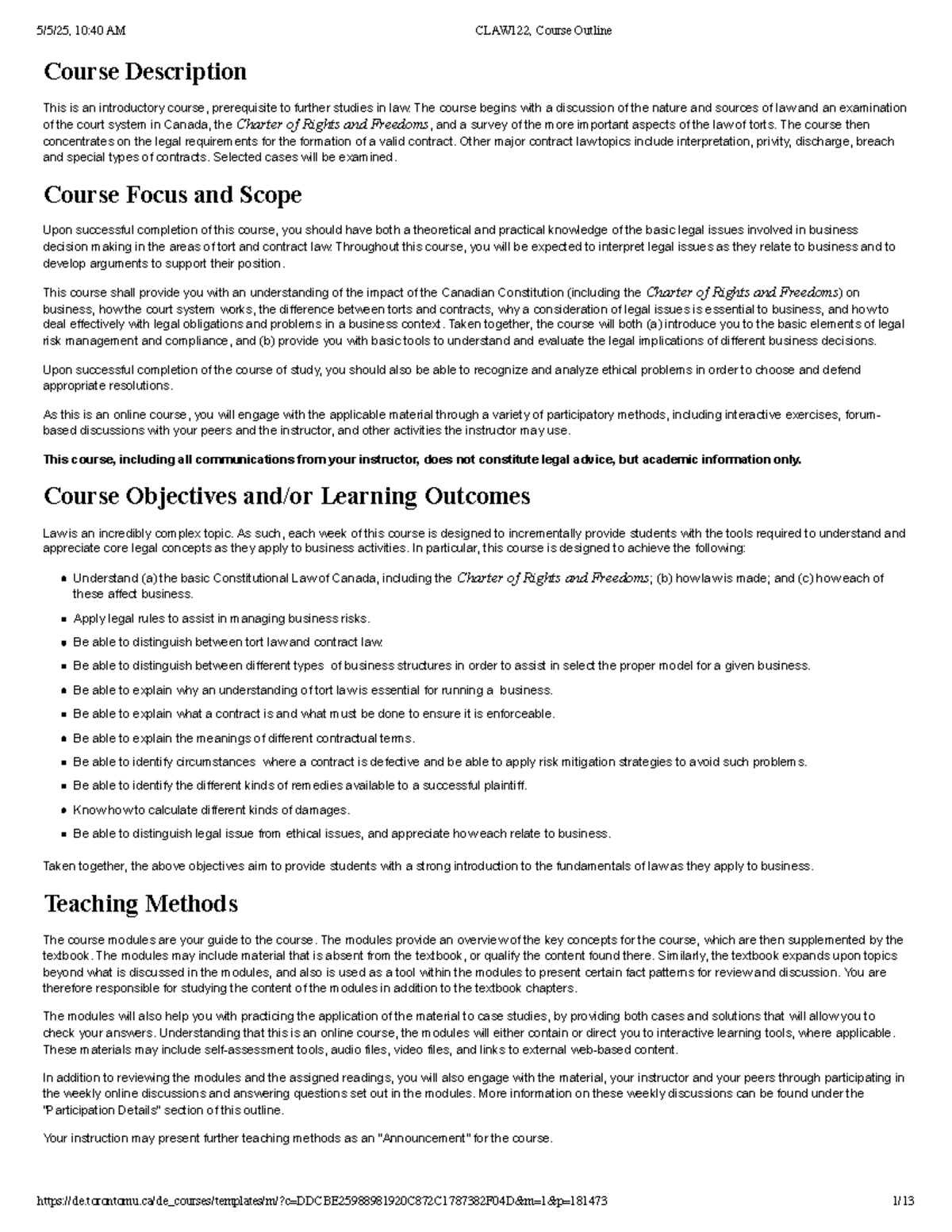 CLAW122: Intro to Law for Business - Course Outline and Schedule - Studocu