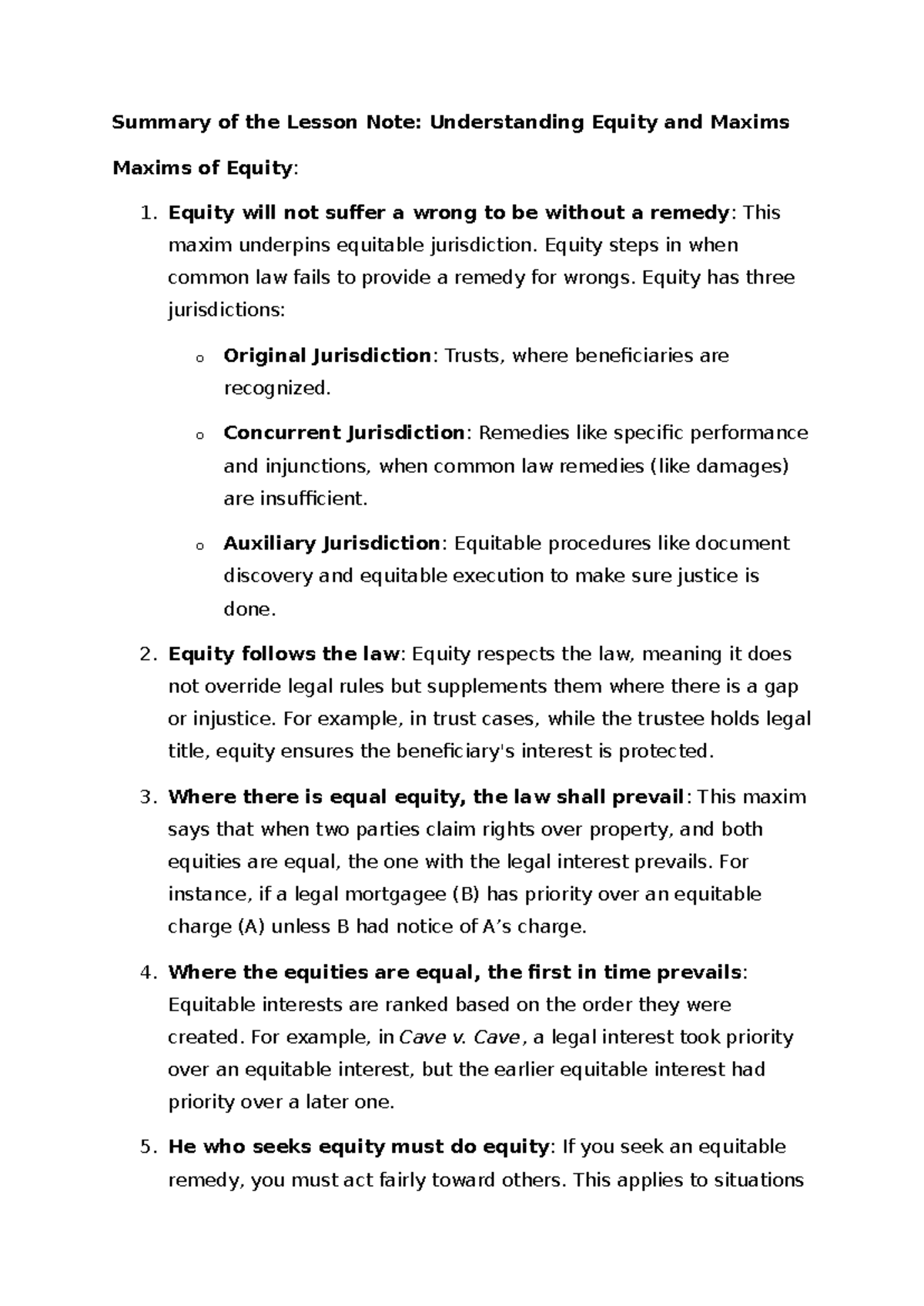 Maxims of Equity: Understanding Key Principles and Jurisdictions - Studocu
