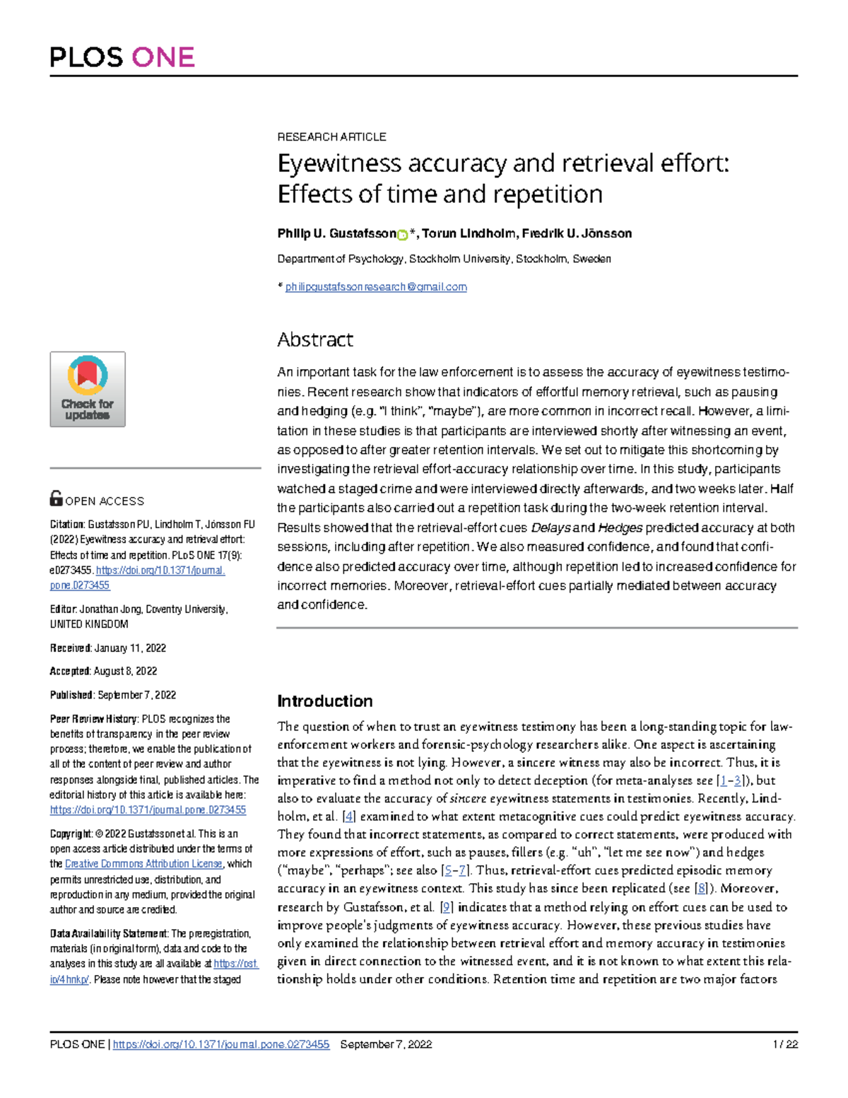 Eyewitness Testimonies: Impact of Retrieval Effort and Time on Accuracy ...