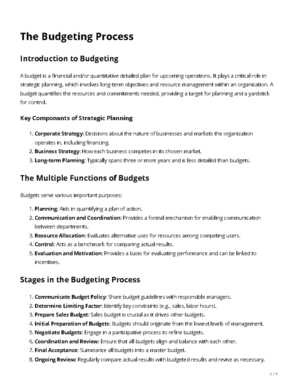 Budgeting Process Overview for ACCTS 251 - Studocu