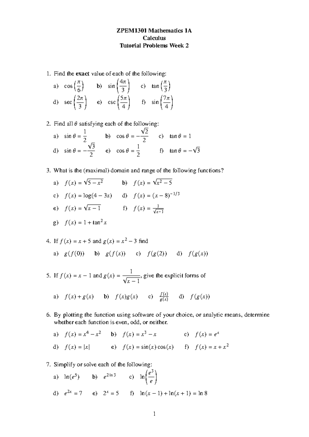 ZPEM1301 Mathematics 1A Week 2 Calculus Tutorial Problems - Studocu