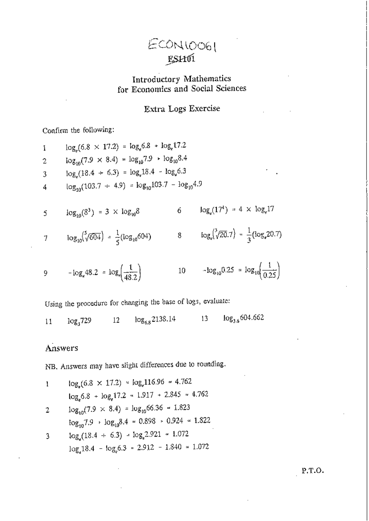 Extra Logs Exercises with answers.pdf - ECON10061 - Studocu