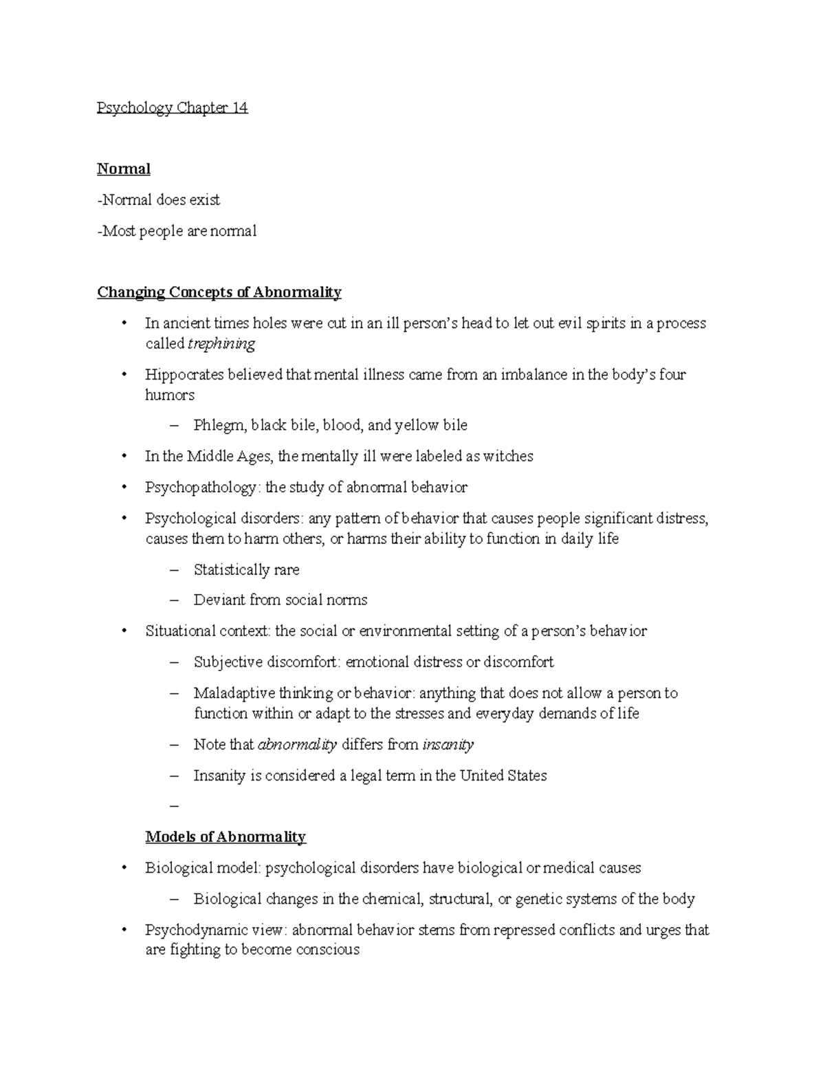 Psychology Chapter 14: Understanding Normality &amp; Abnormality - Studocu