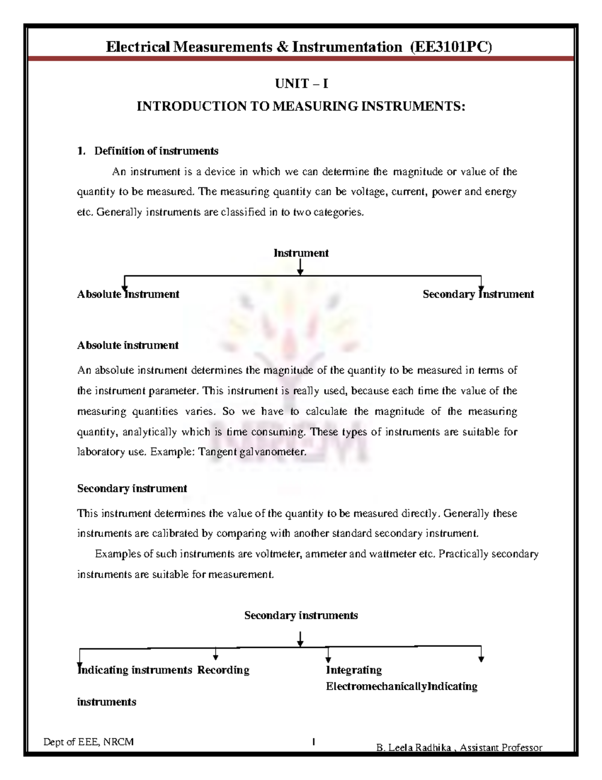 Electrical Measurements Instrumentation (EE3101PC) - Unit I Overview ...