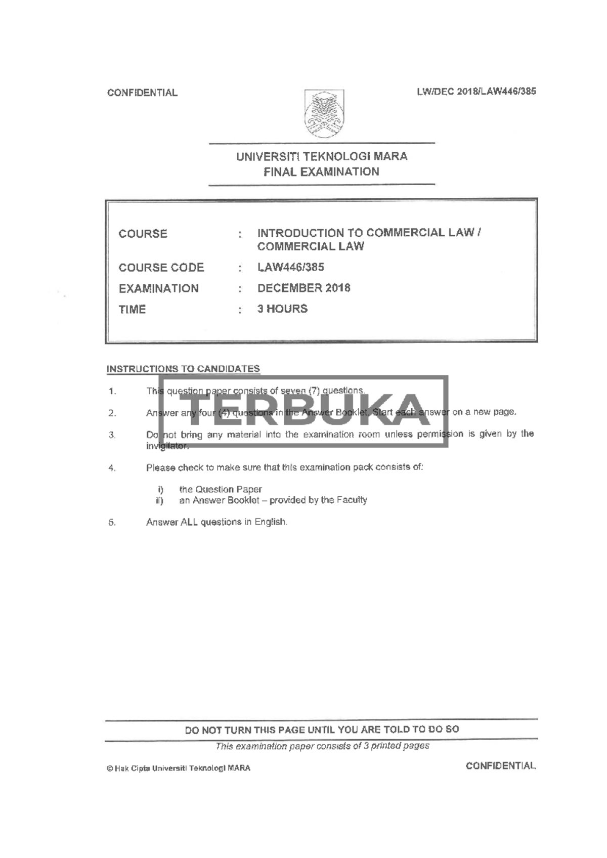 LAW446 FINAL EXAM - INTRODUCTION TO COMMERCIAL LAW - DEC 2018 - Studocu