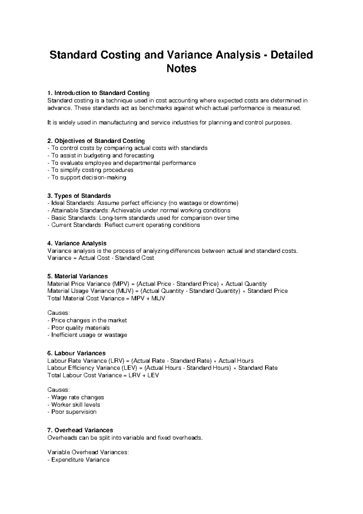 Standard Costing & Variance Analysis Notes for ACC 101 - Studocu