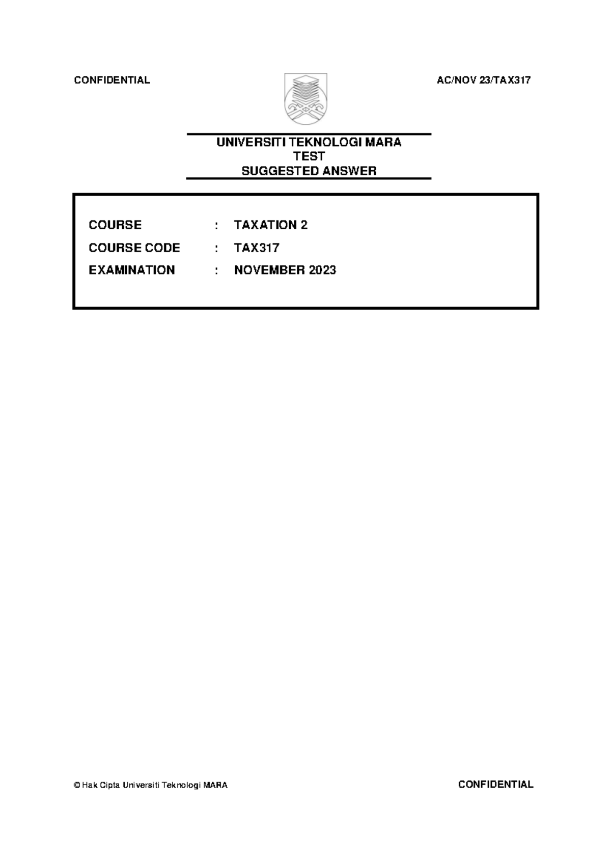 TAX317 Nov 2023 SS - Common Test Suggested Answers and Highlights - Document Preview