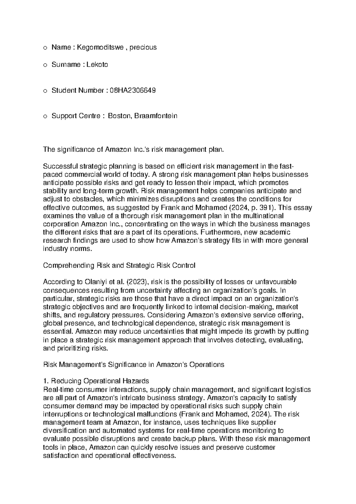 Business Management SA2: The Importance of Amazon's Risk Management ...