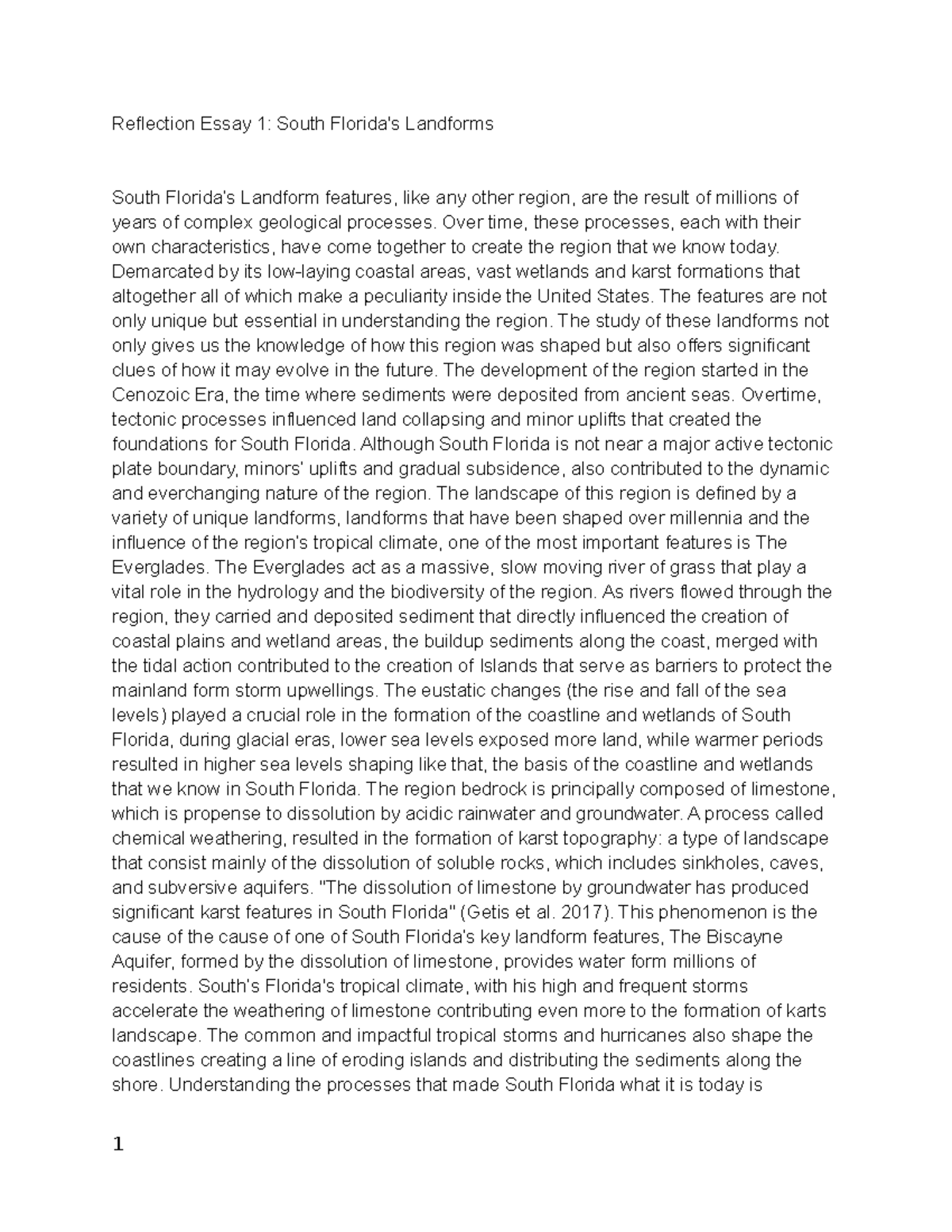 Reflection Essay 1 - Landforms of South Florida in Geography - Studocu