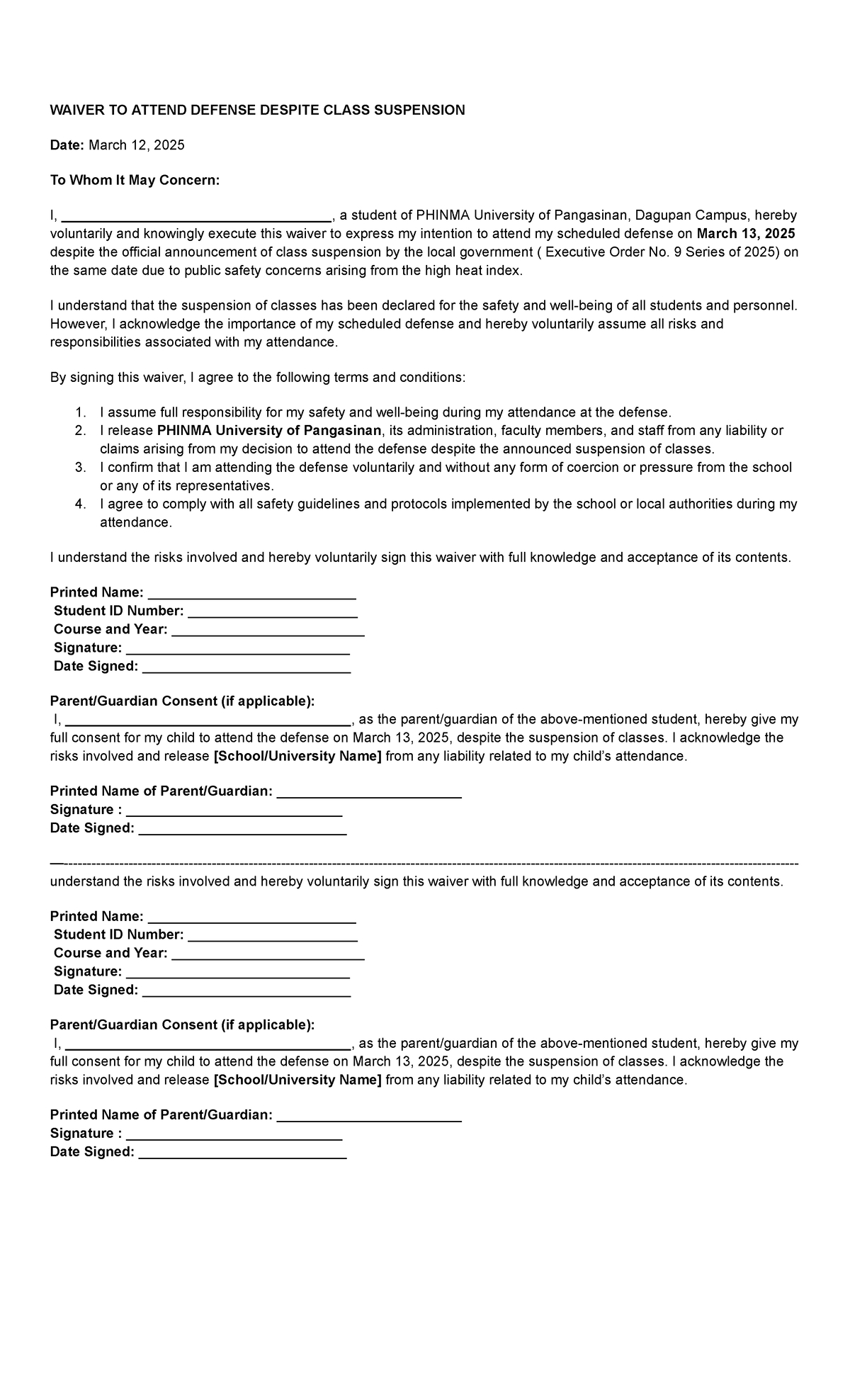 Waiver TO Attend Defense Despite Class Suspension - WAIVER TO ATTEND ...
