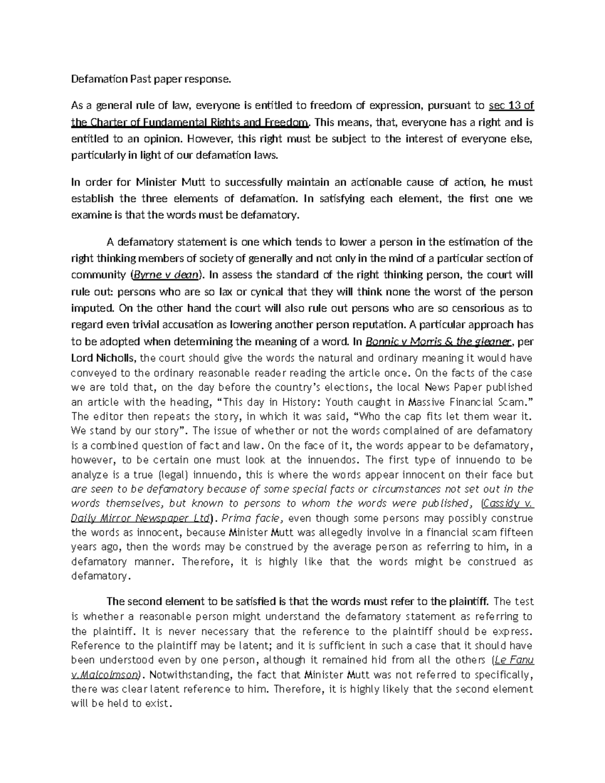 Lect. 3.3 Defamation Past Paper Sample Response Analysis - Studocu