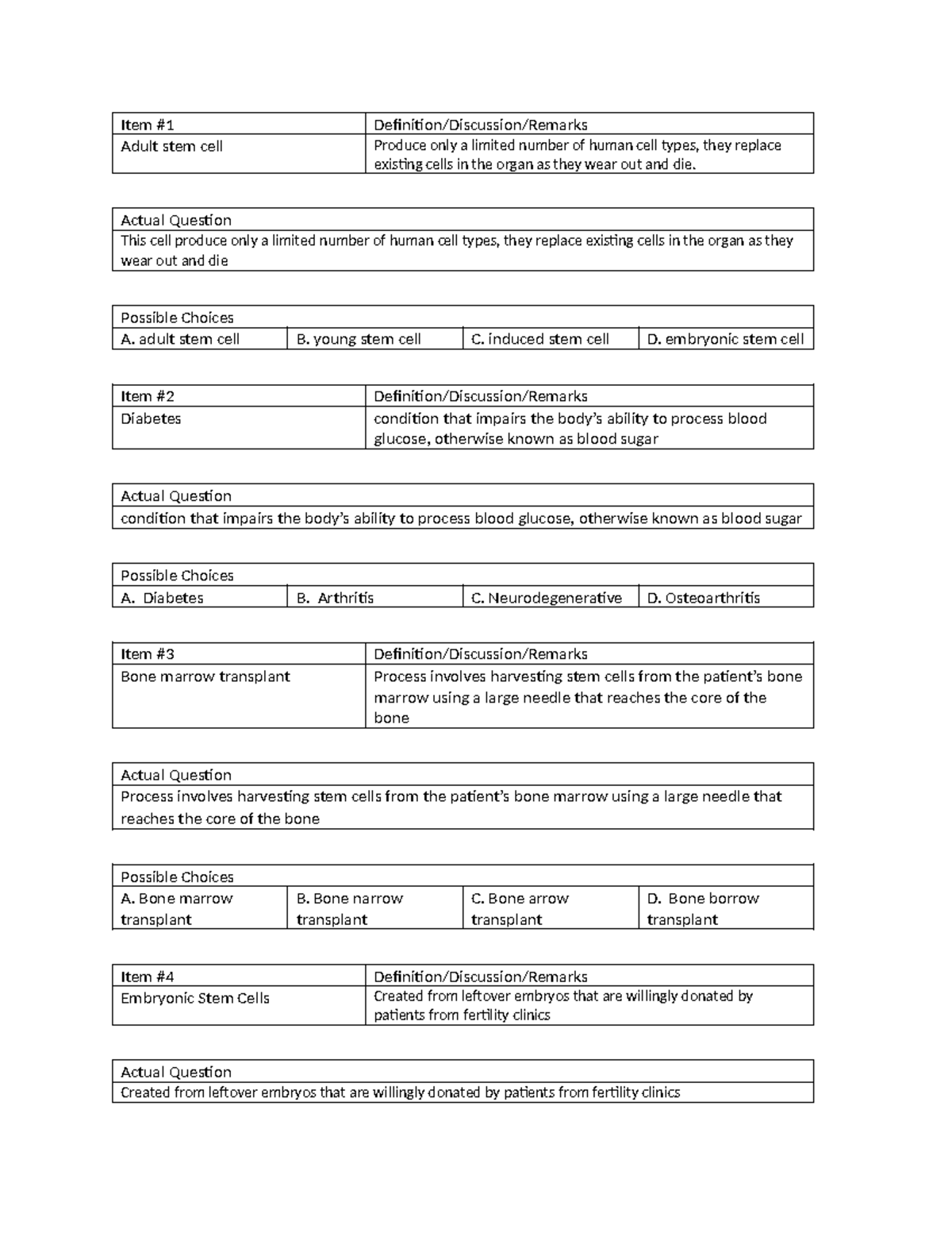 Module 12 - STS - Item #1 Definition/Discussion/Remarks Adult stem cell ...