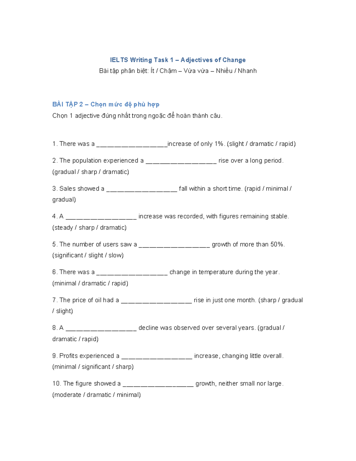IELTS Writing Task 1: Adjectives of Change Exercises & Answers - Studocu