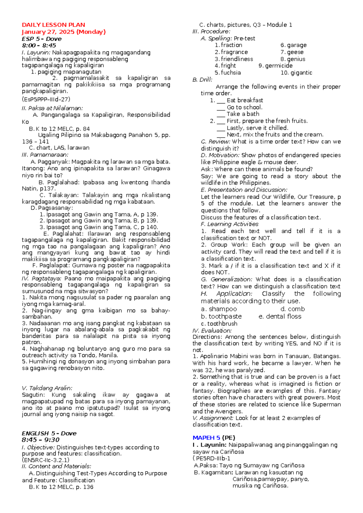 Jan 27, Week 6 - DLP - DAILY LESSON PLAN January 27, 2025 (Monday) ESP ...