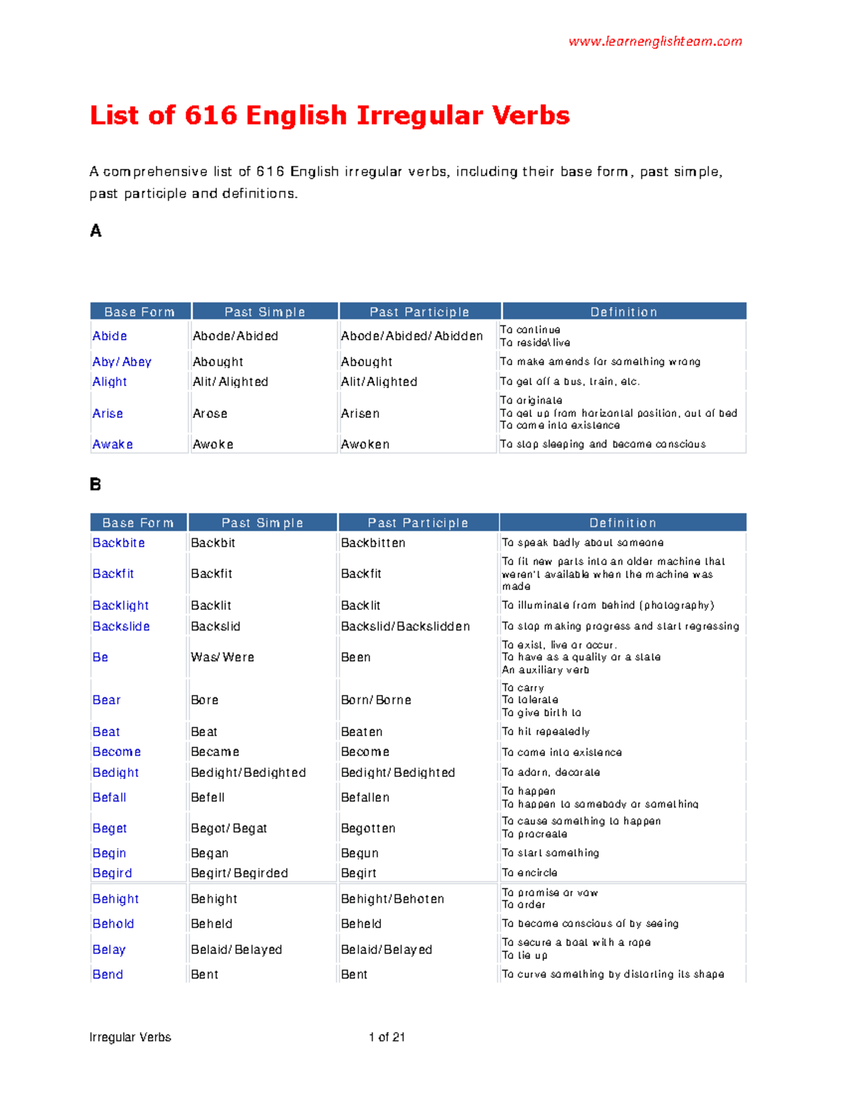 Comprehensive List of English Irregular Verbs A-Z for Study Use - Studocu