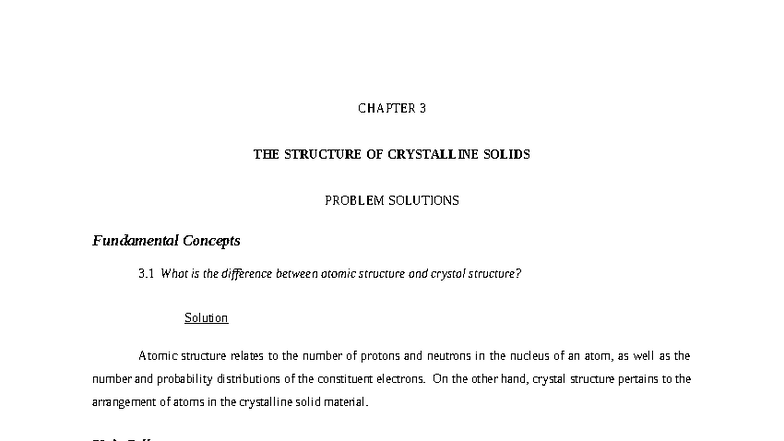 CHAPTER 3 PROBLEM SOLUTIONS ON CRYSTALLINE SOLIDS STRUCTURE - Studocu
