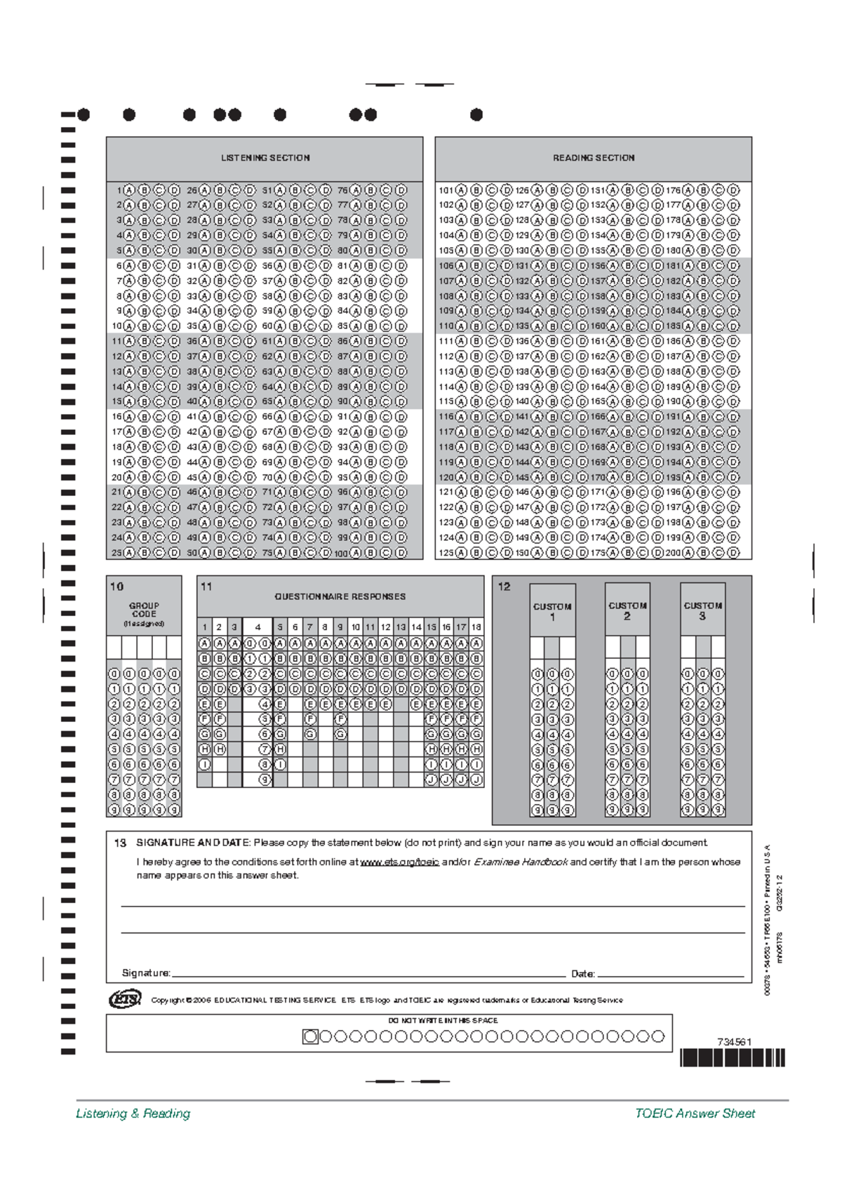 TOEIC Listening & Reading Section Answer Sheet (Custom) - Studocu