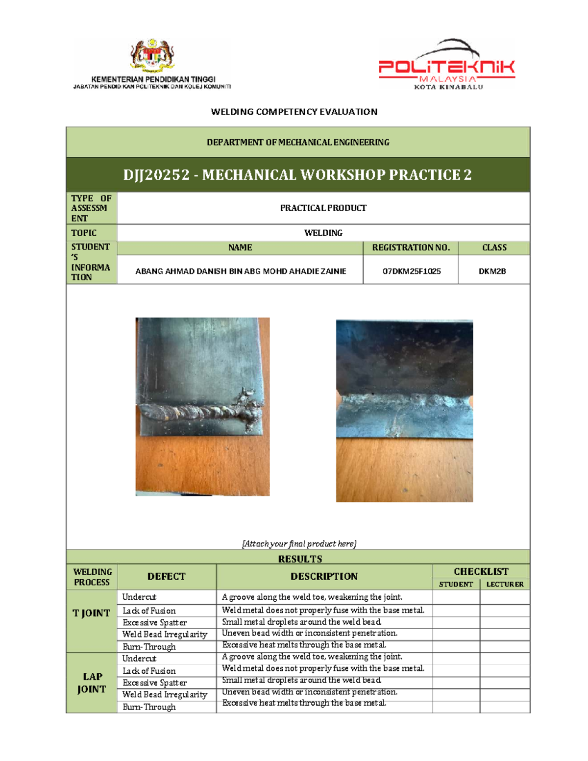 Welding Competency Evaluation - MECHANICAL WORKSHOP PRACTICE 2 ...