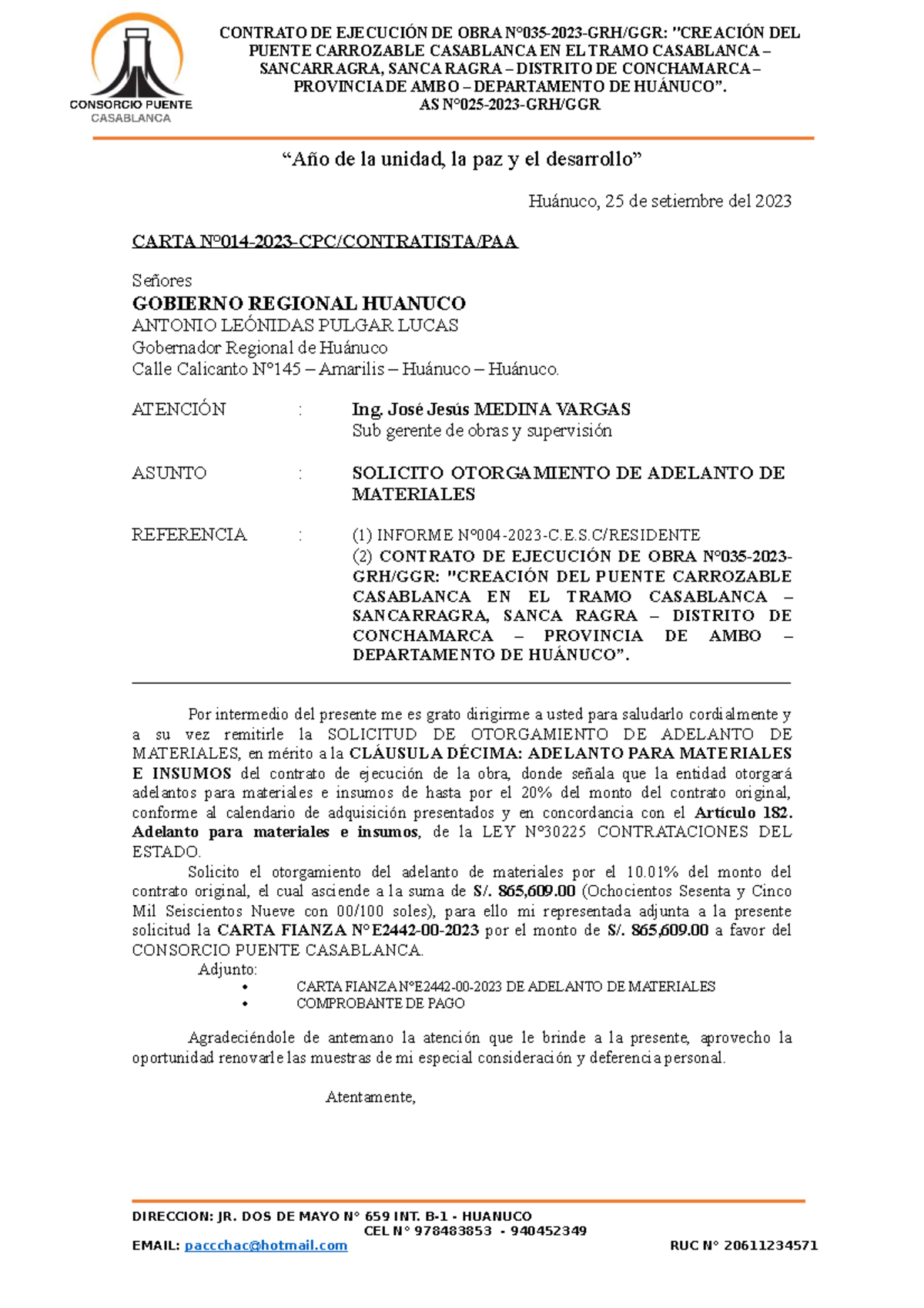 Solicitud de Adelanto de Materiales - Carta N°014-2023-CPC - Document Preview