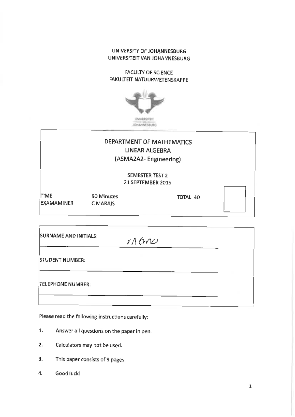 Semester Test 2 Memo - Important Insights and Answers - Studocu