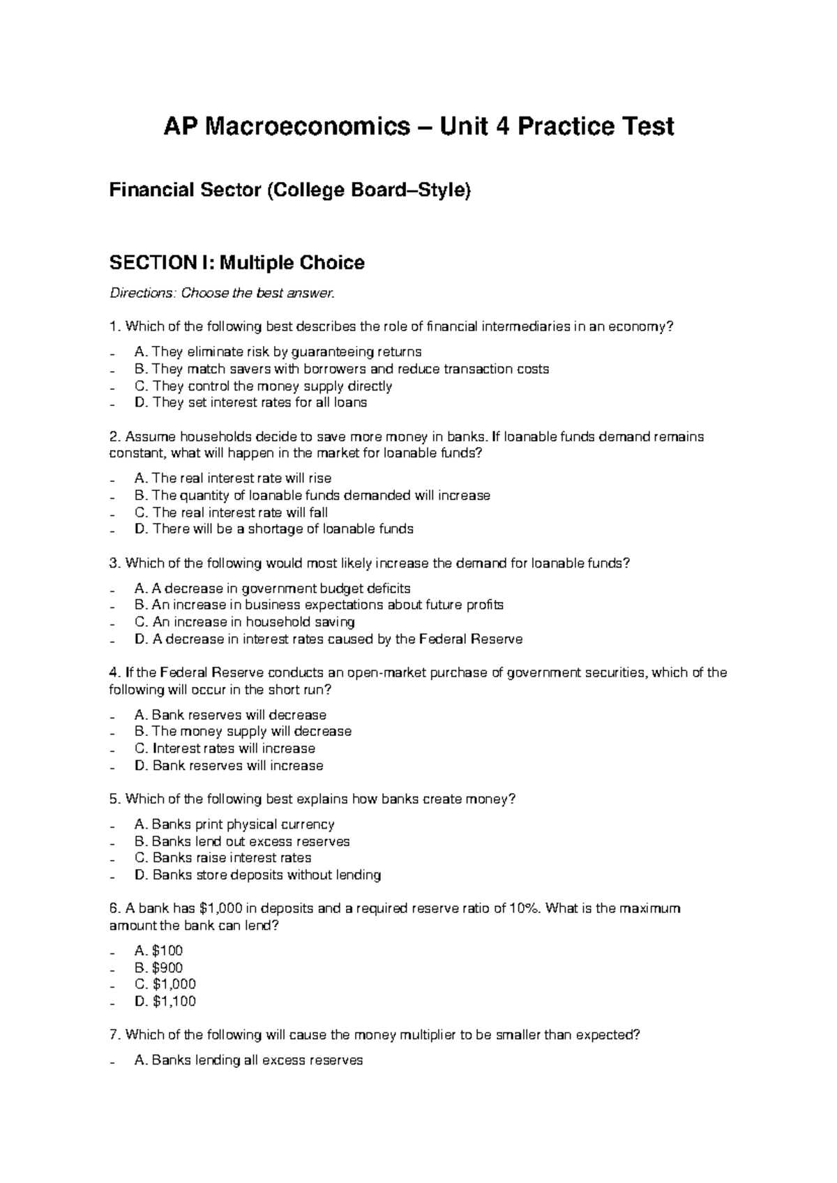 AP Macroeconomics Unit 4 Financial Sector Practice Test - Studocu