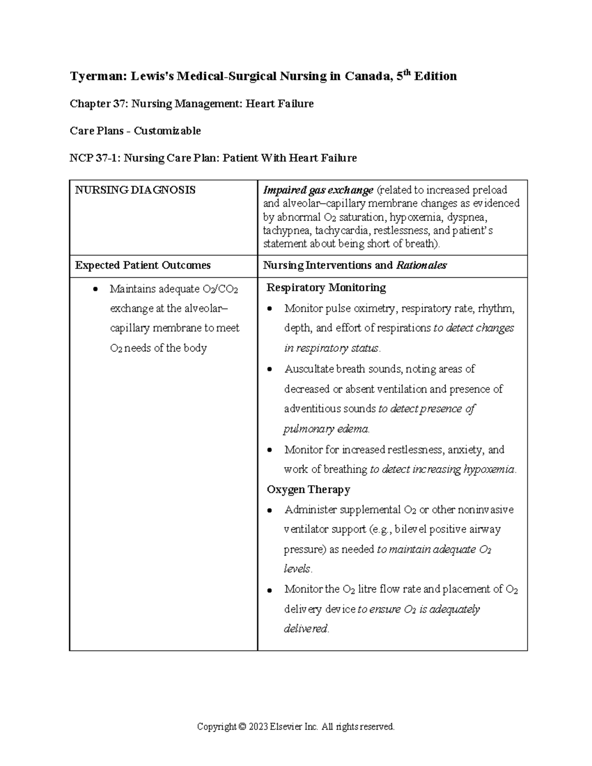 NCP 37-1: Heart Failure Nursing Care Plan & Interventions - Studocu